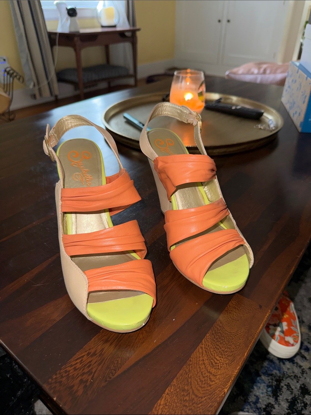 Seychelles Orange Strappy Slingback Heels with Lime Footbed